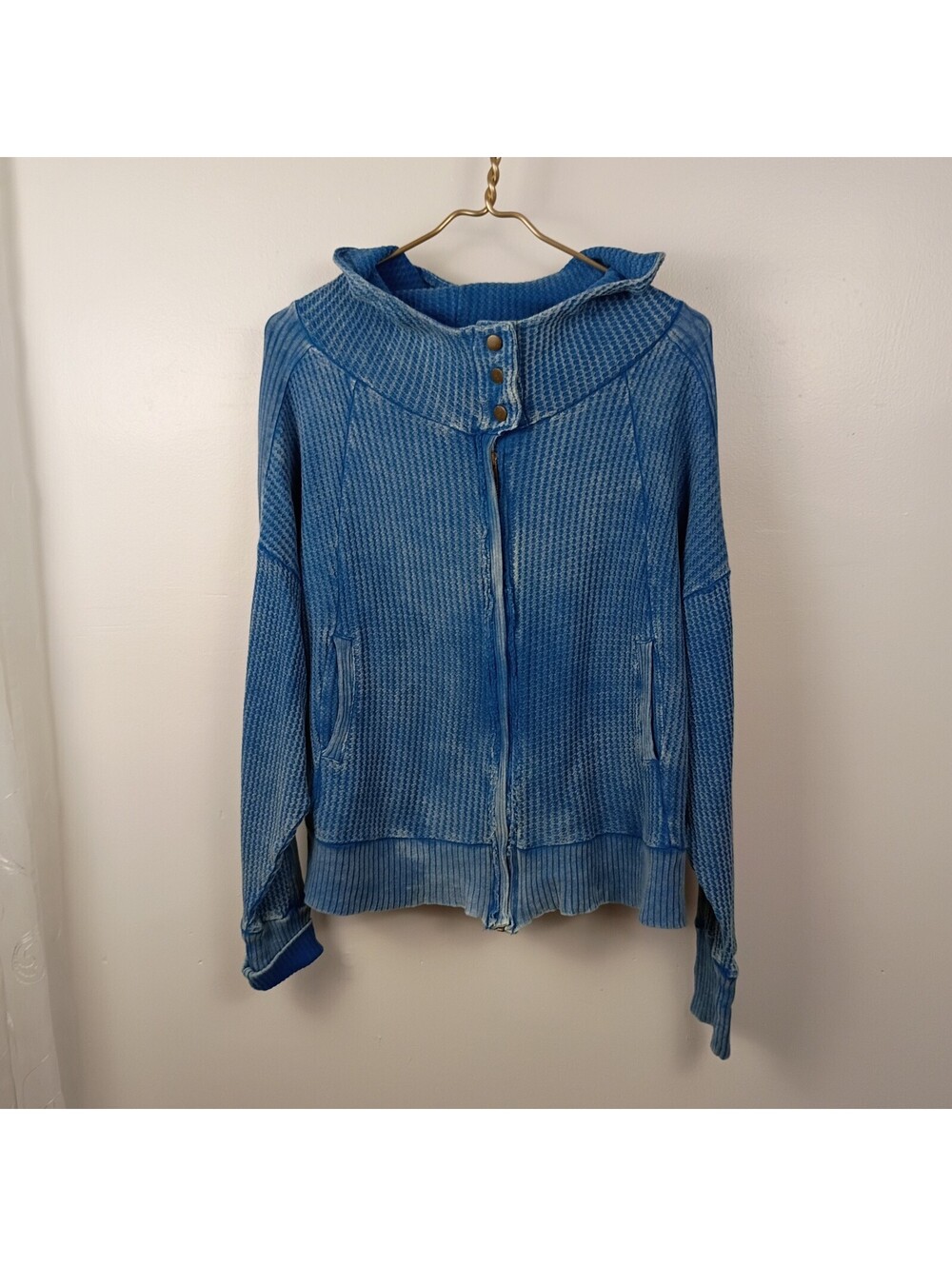 Zenana Waffle Acid Washed Full Zip Hoodie Jacket L Blue Distressed Oversized